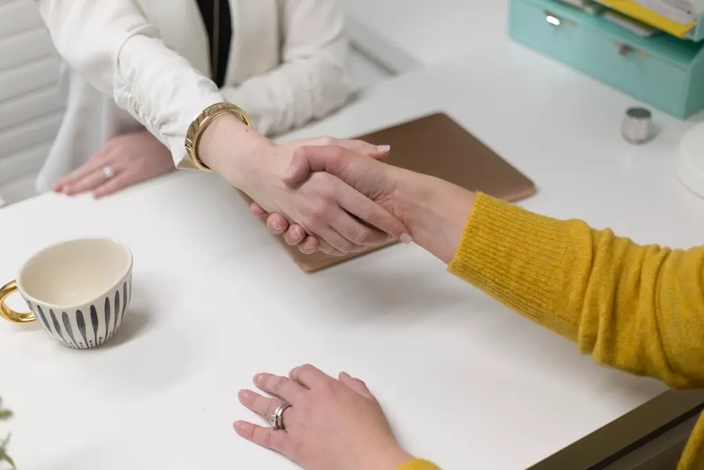 Two business professionals shaking hands after a successful meeting