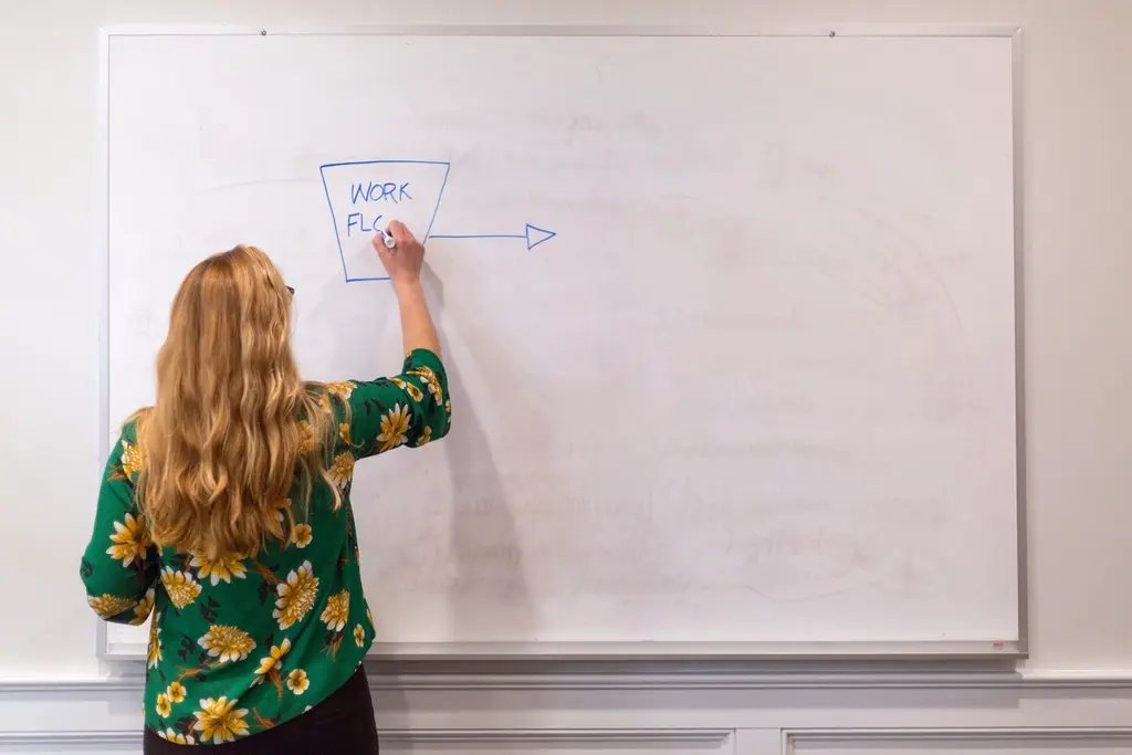 Business professional reviewing charts and design plans in an office setting